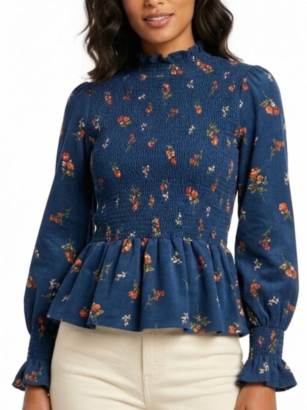 Mary & Mo Dark Coquette Smocked Floral Blouse - Navy Mock Neck Peplum Sz S